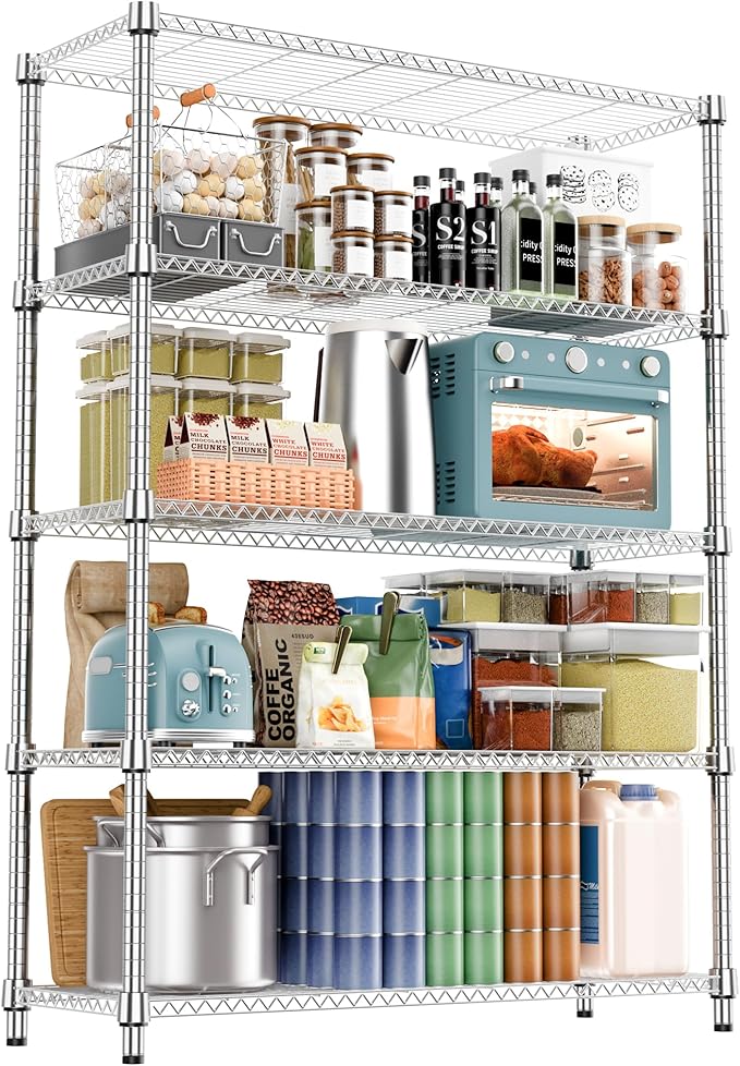 5 Tiers Shelf 1750 lbs Steel Storage Shelving Utility Shelving Unit Steel Organizer Wire Rack for Home,Kitchen,Office,Garage Chrome 17.7" D x 47.2" W x 72.4" H