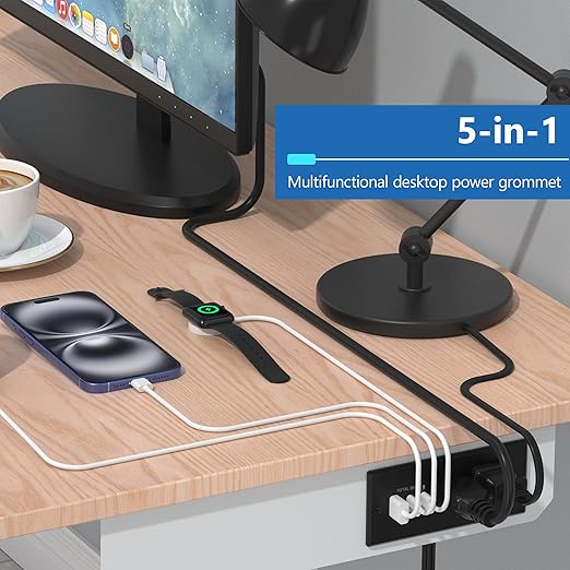 LIDER PD 36W Recessed Outlet Station with USB-A and USB-C Ports, Desktop Power Grommet, Power Delivery, Tamper-Resistant Receptacles, Power Strip for Desks and Cabinet, Black, 6.5ft Cord, ETL Listed
