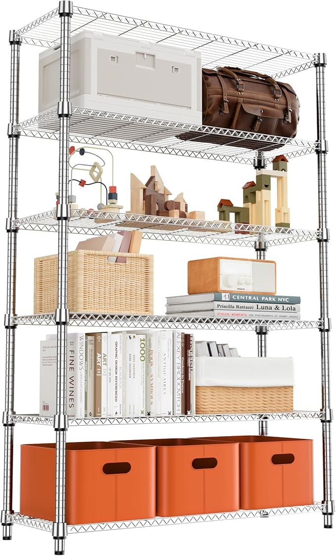 6 Tiers Shelf 2100 lbs Steel Storage Shelving Utility Shelving Unit Steel Organizer Wire Rack for Home,Kitchen,Office,Garage Chrome 17.7" D x 47.2" W x 82.4" H