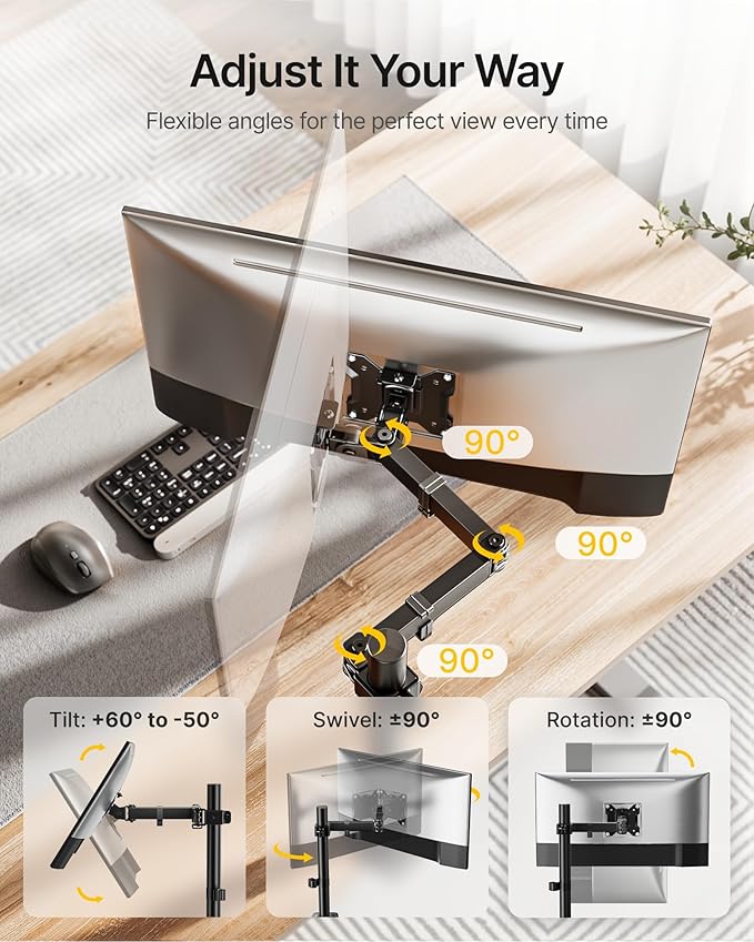 monTEK Single Monitor Stand for 17-32 inches Screen, Fully Adjustable Monitor Arm Desk Mount up to 22lbs Capacity, Computer Mount with C Clamp and Grommet Base, Max VESA 100x100mm