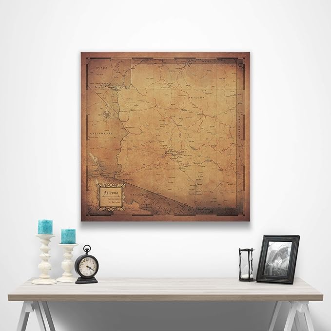 Conquest Maps Push Pin Arizona Map Board - With Push Pins to Mark Travel - Handmade in Ohio, USA - Design: Golden Aged