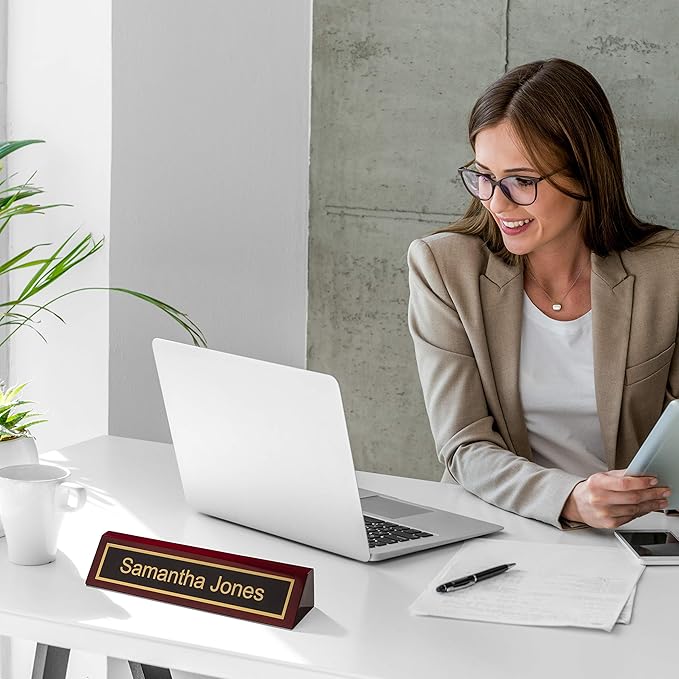 Providence Engraving Personalized Wood Desk Name Plate for Office with Custom Laser Engraved Piano Finish Desk Wedge in Rosewood, 2x10
