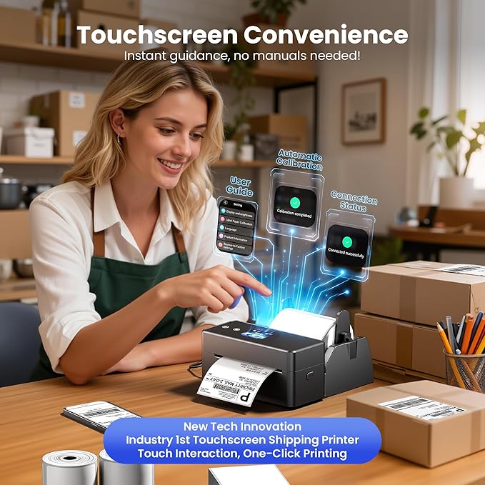 Thermal Printer with Touchscreen – Upgraded Bluetooth 4x6 Thermal Label Printer with Label Holder for Small Businesses, Compatible with Phone, PC, Tablet, Widely Used for Amazon, Shopify, Etsy, Tiktok