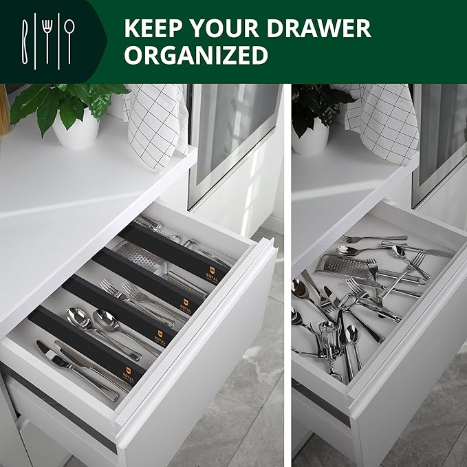 ROYAL CRAFT WOOD Adjustable Bamboo Drawer Dividers – Expandable Organizer for Kitchen, Bedroom, Bathroom, Dresser & Office – 4-Pack 17-22", Black
