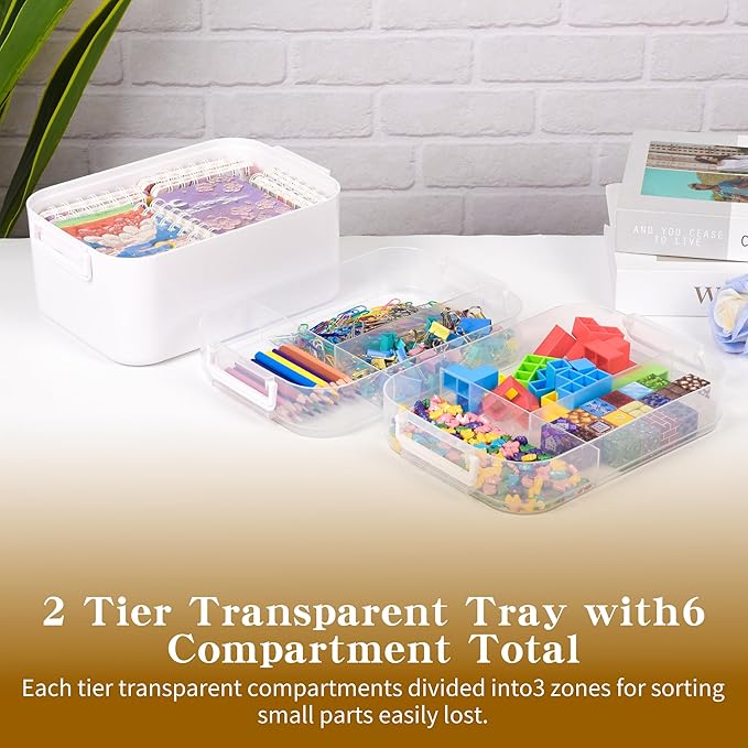 3-Tier Art Supply Storage Container, Stackable Craft Organizer Box with Dividers, Clear Plastic Storage Case for Markers, Toys, Coloring Books (Three-Layer)