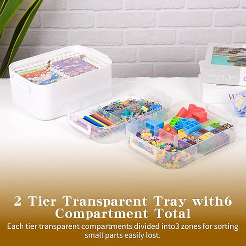 3-Tier Art Supply Storage Container, Stackable Craft Organizer Box with Dividers, Clear Plastic Storage Case for Markers, Toys, Coloring Books (Three-Layer)