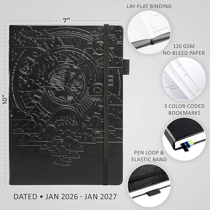 Legend Planner PRO Dated Jan 2026-Jan 2027 – Deluxe Weekly & Daily Organizer with Time Slots. Appointment Book Journal for Work & Time Management, A4 Hardcover (Black)