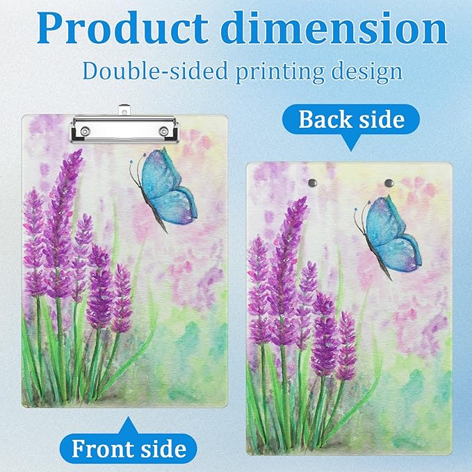Watercolor Blue Butterfly Lavender Flower Clipboard Decorative Clip Board with Metal Clip A4 Standard Size 12.5" X 8.7" for Teacher Students Nurses Office
