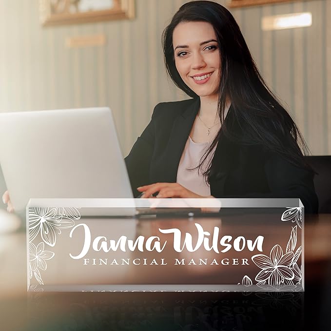 Personalized Desk Name Plate, Custom Acrylic Glass Name Plates for Desks, Office Desk Decor Nameplate, Desk Accessories, Teacher Boss Coworkers Employee Appreciation Gift (Engraved Flower 2)