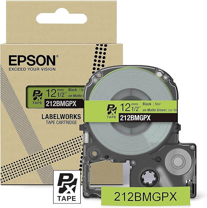 Epson LABELWORKS 212BMGPX Genuine PET (Polyester) Tape Cartridge - Black on Matte Green Designer Craft Label Maker Tape - 1/2" (12MM) Wide, 26'