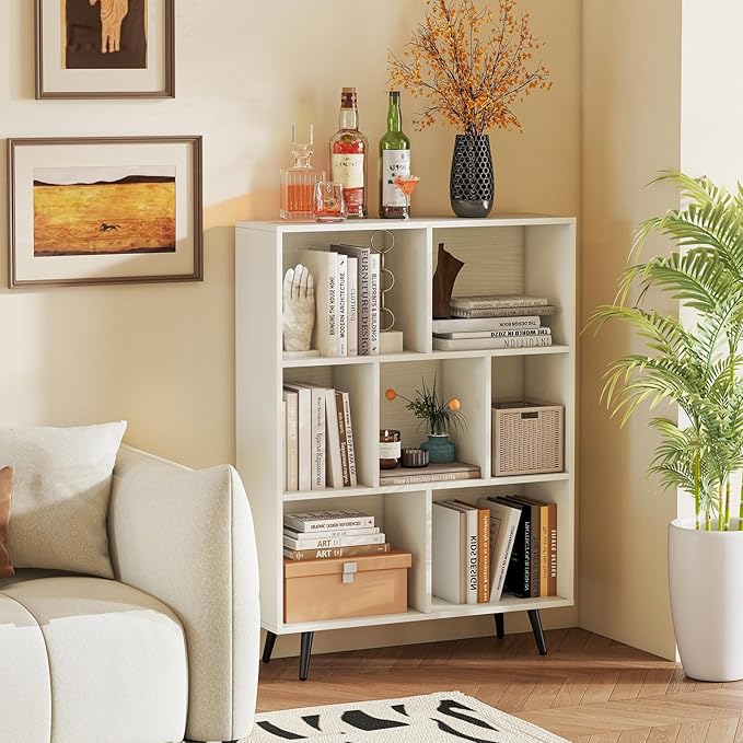 Tangkula 7-Cube Bookcase, Modern Storage Bookshelf with 4 Tapered Metal Legs & 2 Anti-Tip Kit, Freestanding Display Rack for Living Room, Study Room (White, 7-Cube)