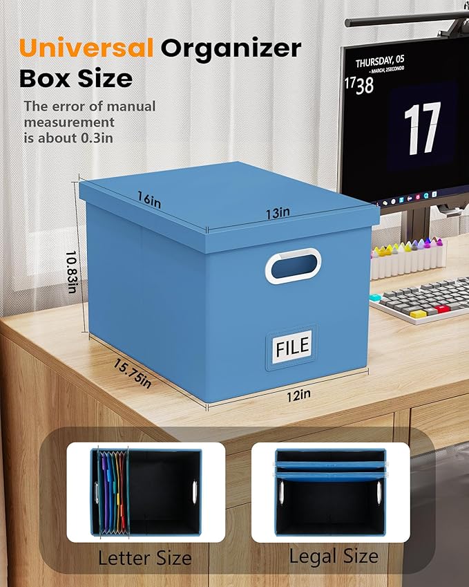 2 Pack File Storage Organizer - Portable Filing Box with Lid, Fits Letter/Legal Size, Navy Blue Leather Box