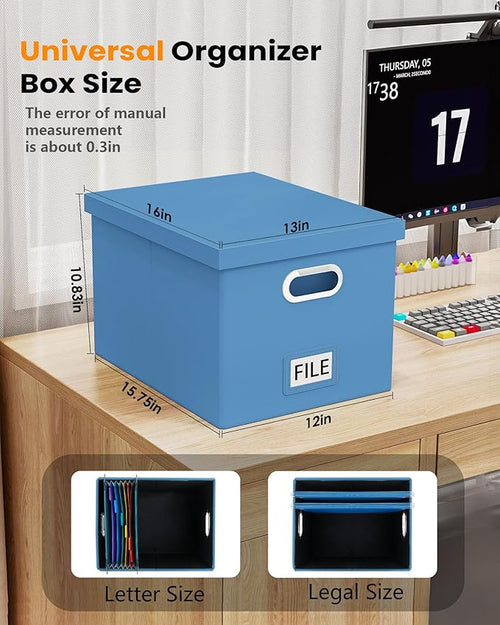 2 Pack File Storage Organizer - Portable Filing Box with Lid, Fits Letter/Legal Size, Navy Blue Leather Box