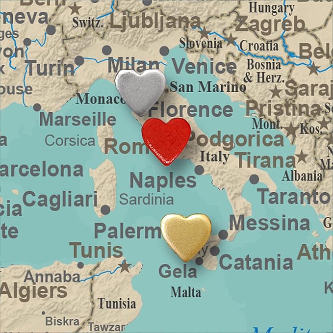 Mini Gold Heart Push Pins - Mini Gold Metal Heart Map Pins - for Cork Board, Maps, or Lapel Pin Use - Designed in USA - Set of 4