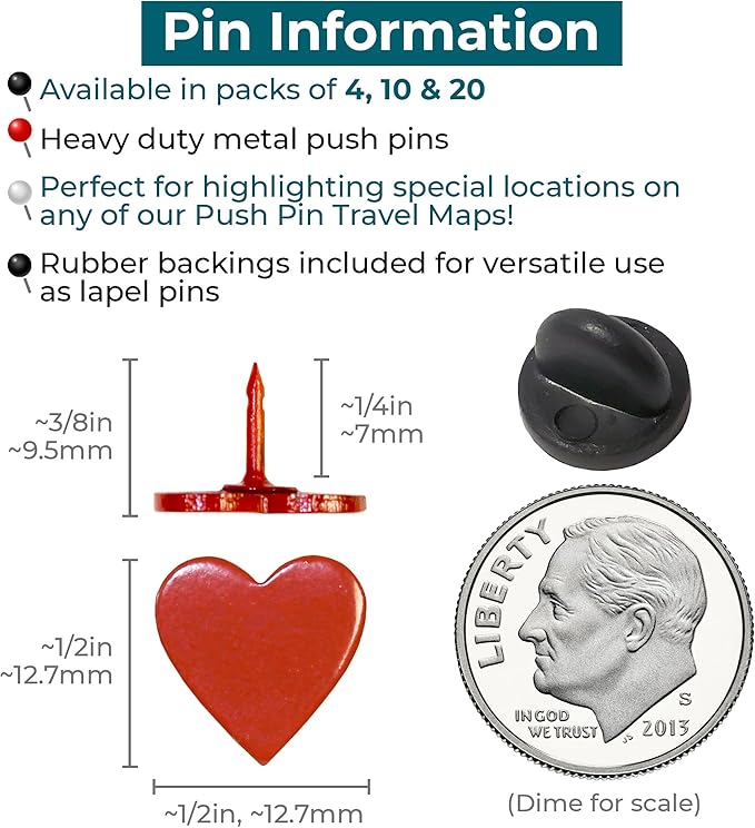 Big Red Heart Push Pins - Large Red Metal Heart Map Pins - for Cork Board, Maps, or Lapel Pin Use - Designed in USA - Set of 20