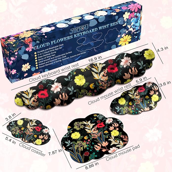 JIKIOU Cloud Wrist Rest Keyboard, Cloud Keyboard Wrist Pad Set with Comfortable Cloth, Cute Arm Rest for Palm Support, PC/Gaming Desk Accessories/Office Setup/Computer Hand Cushion Black Flowers