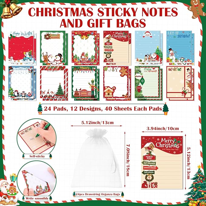 24 Sets Christmas Sticky Notes with Ballpoint Pens, Christmas Notepads Winter Memo Pad Bulk Christmas Gifts for Coworkers Holiday Decoration Party Favors Office Home Supplies