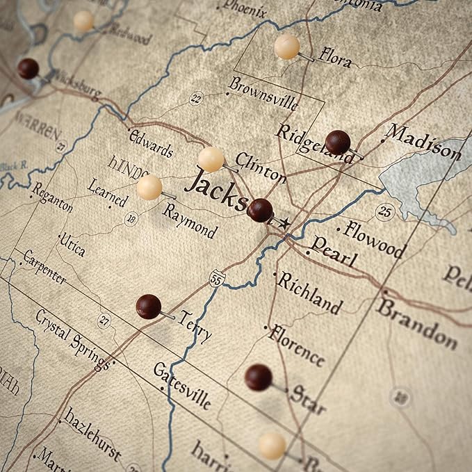 Push Pin Mississippi Map Board - With Push Pins to Mark Mississippi Travels - Handmade in Ohio, USA - Design: Rustic Vintage