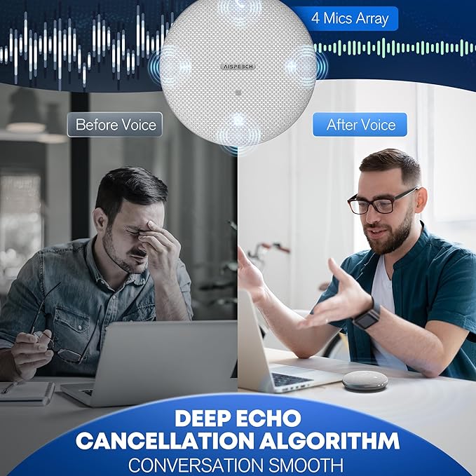 AISPEECH Bluetooth Conference Speakerphone M4 Conference Microphone with AI Noise Reduction AI Transcription Full-Duplex 360° Omnidirectional Voice Pickup USB Speaker for Teams Zoom Home Office, Gray