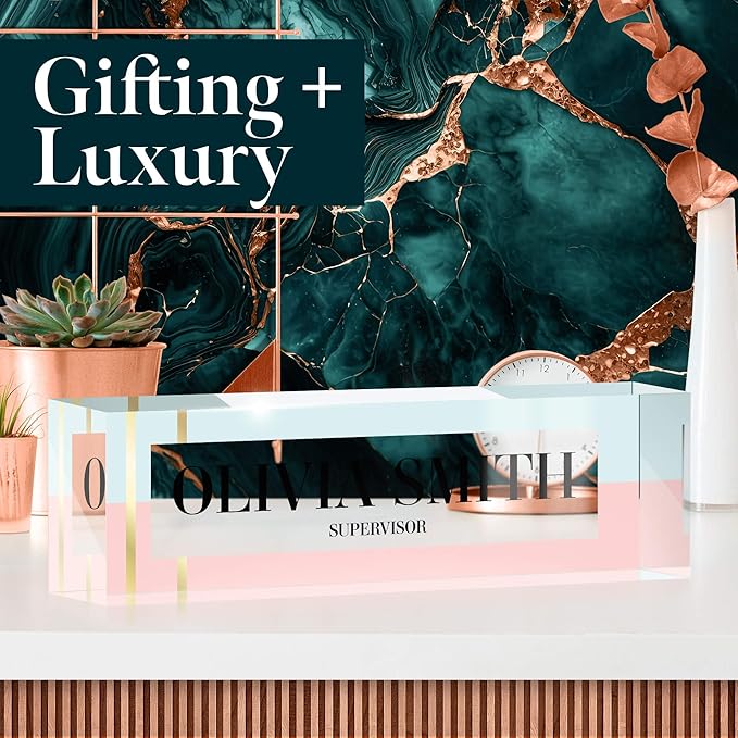 Desk Name Plate Personalized, Custom Name Plates 2½/x8 Inches, Thick Crystal-Clear Acrylic, Gift Box, Office Desk Decor. USA Made by ACRYLUXE (Soft)