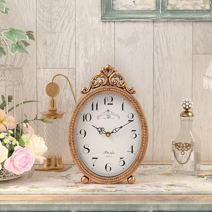 Abdurey Vintage Table Clock on Stand, Desk and Shelf Decorative Clock, French Rustic Style Antique Gold Mantel Clocks for Living Room,Farmhouse,Bedroom,Bedside,Gift Clocks