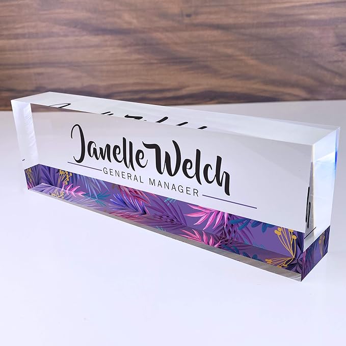 Artblox Personalized Desk Name Plate - Purple Stripe Design On Clear Acrylic Glass - Custom with Your Name and Credentials for Teacher, PhD, Military, Office