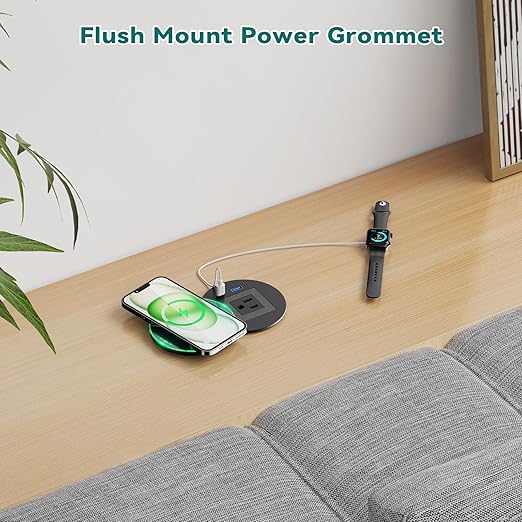 QBA Recessed Power Grommet with 15W Wireless Charger, PD 30W USB-C Port, 1 AC Outlet, 3-1/8 Inch Flush Mount Power Strip for Furniture Nightstand Desk Outlet, ETL Listed