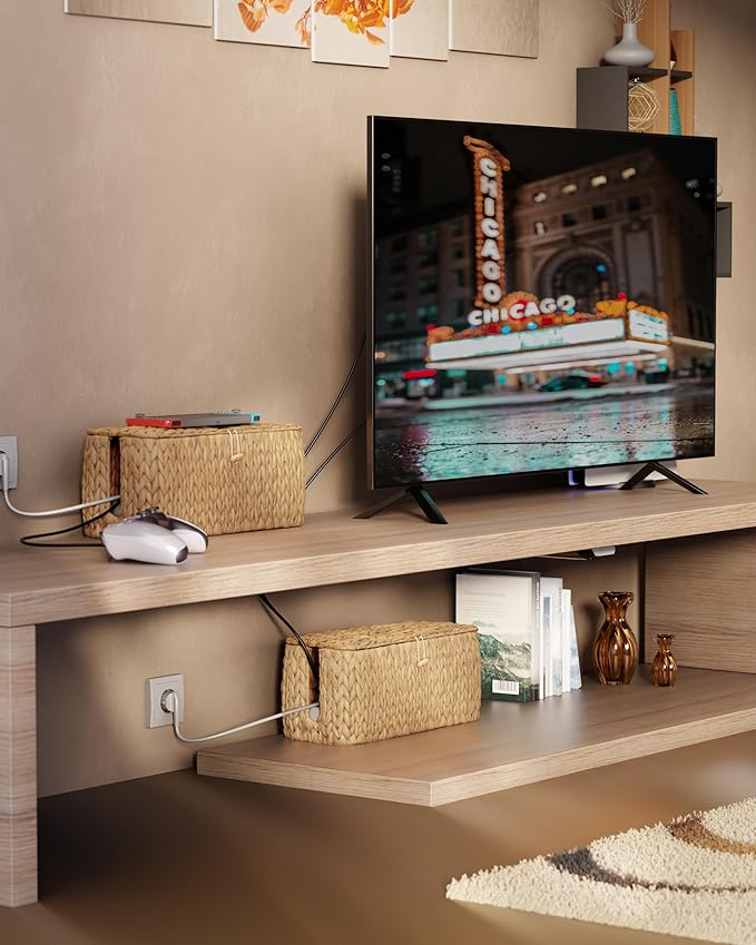 Large Cable Management Box, Natural Rattan Cable Cord Organizer Boxes for Power Strip – 2 Open Slots Cords Hider Box for TV Wires, Computer, Router, USB Hub and Under Desk Power Strip (Hyacinth)