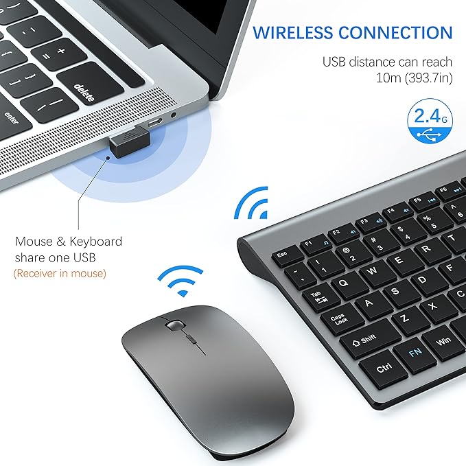 Wireless Keyboard and Mouse Ultra Slim Combo, TopMate 2.4G Silent Compact USB 2400DPI Mouse and Scissor Switch Keyboard Set with Cover, Batteries Included, for PC/Laptop/Windows/Mac - Gray Black