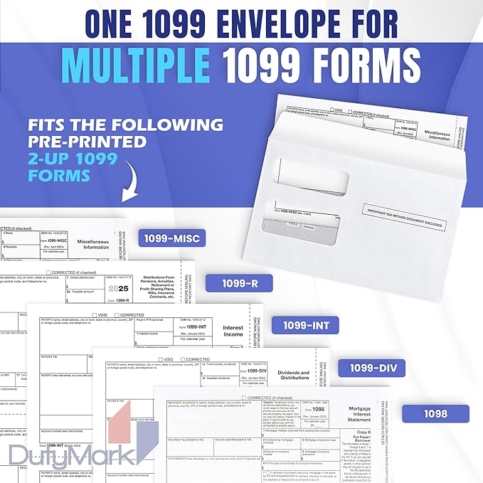 500 1099 Tax Envelopes, Self-Seal for 1099 Misc, R, DIV, INT, 1095 C, Printed Laser Forms from Quickbooks or Similar Tax Software, Double-Window Security tinted, 5 5/8 x 9, Box of 500 Envelopes