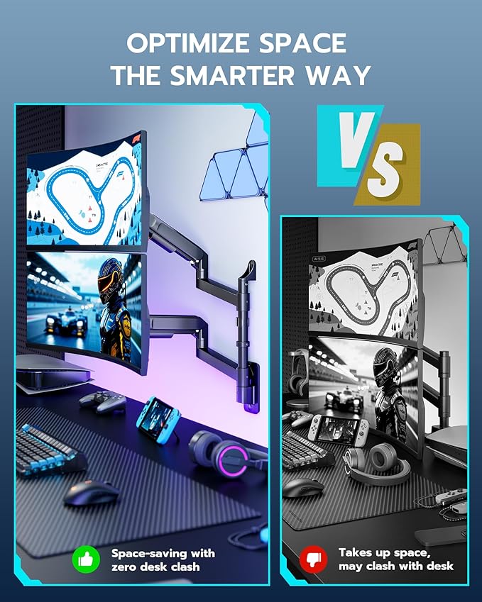 ARES WING Dual Monitor Wall Mount for 24-57 Inch Ultrawide Screens, Premium Heavy Duty Monitor Arm Holds 60 lbs, Full Motion Gas Spring, Bearing Head for Easy Adjustment, 75/100 VESA Mount, Black