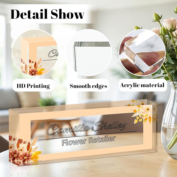 Personalized Name Plate for Desk, Custom Acrylic Desk Name Sign, Office Appreciation Gifts for Women Men Coworkers Boss Teacher Employee (Yellow-Floral)