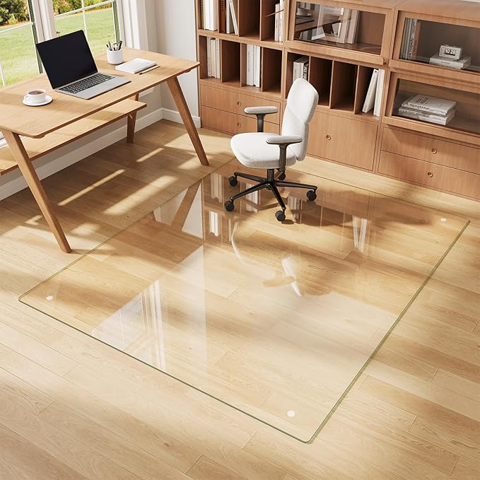 FlyEcho Glass Chair Mat 54" x 72" Heavy Duty Tempered Glass Office Chair Mat, Glass Floor Mat with Polished Edge and Round Corner for Smooth Glide, Carpet Hardwood Floor Protector
