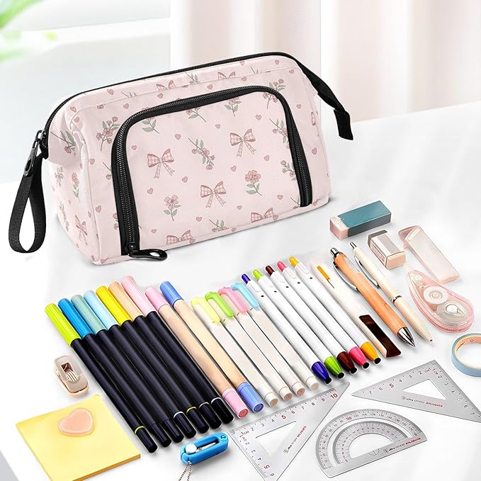 Pink Ribbon Bow Flower Pencil Case Pouch Big Capacity Pencil Bag Box Organizer Pen Case with Zipper Pencil Cases for Girls School College