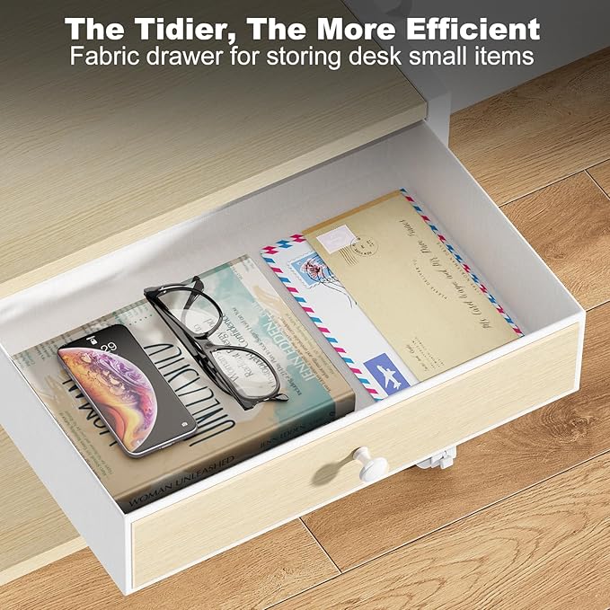 EasyCom 2-Tier Desktop Printer Stand with Large Drawer, Under Desk Storage with Wheels, Small Shelf with Storage for Paper Storage Printer Scanner Fax Home Office Use Beige