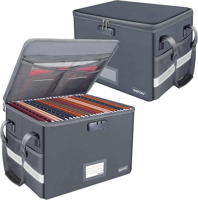 ENGPOW File Box with Lock, Fireproof Document Box with Pockets, Collapsible File Organizer Filing Storage Cabinet with Handle, Portable Home Office Safe for Hanging Letter/Legal Folders,Gray,2 Pack