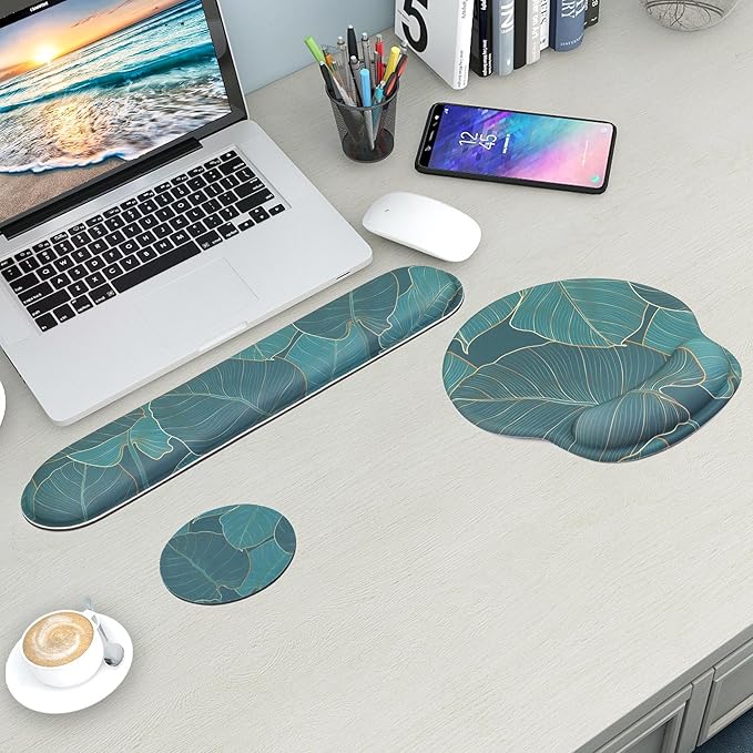 Mouse Pad and Keyboard Wrist Rest Support, with Non-Slip PU Base,Gel Mouse Pad with Coaster,Pain Relief for Gaming, Computer,Office -Green Leaves