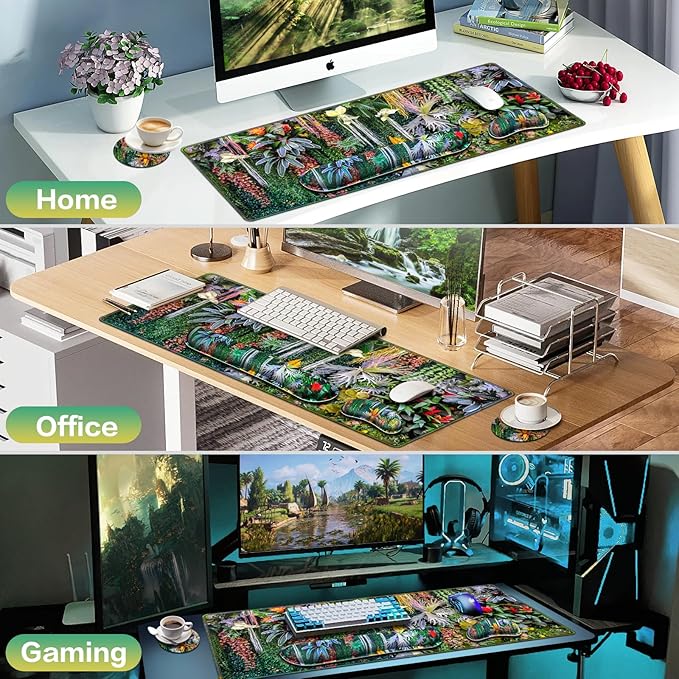 Desk Mat Floral, Large Gaming Mouse Pad with Wrist Rest, 4in1 XXL Mousepad+Keyboard Wrist Rest+Mouse Pad Wrist Support+Cup Coaster Set Ergonomic Computer Desk Arm Wrist for Decor Home Office Women