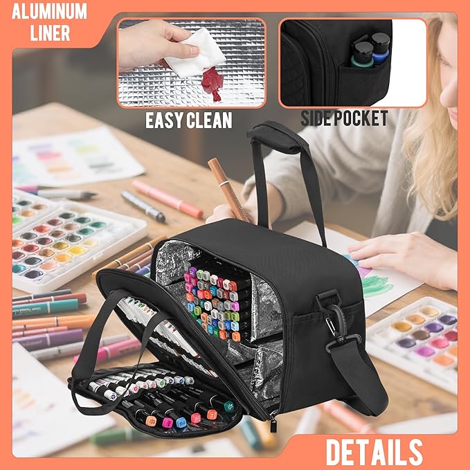 Marker Organizer Case with Shoulder Strap for 180-300 Markers, Large Marker Organizer Bag with Detachable Divider for Adults, Marker Travel Holder Case Bag for Various Markers, Black