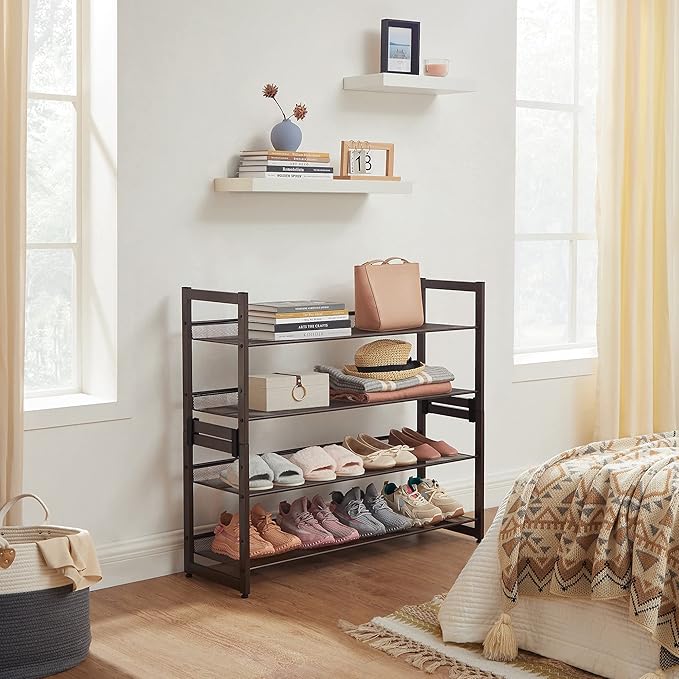 SONGMICS Shoe Rack, 2-Tier Shoe Organizer, Metal Shoe Storage for Garage, Stackable Shoe Shelf, with Adjustable Flat or Angled Shelves, 8-10 Pairs, Bronze ULMR02A