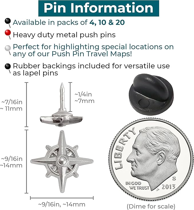 Compass Push Pins - Silver Metal Compass Rose Pins - for Cork Board, Maps, or Lapel Pin Use - Designed in USA - Set of 10