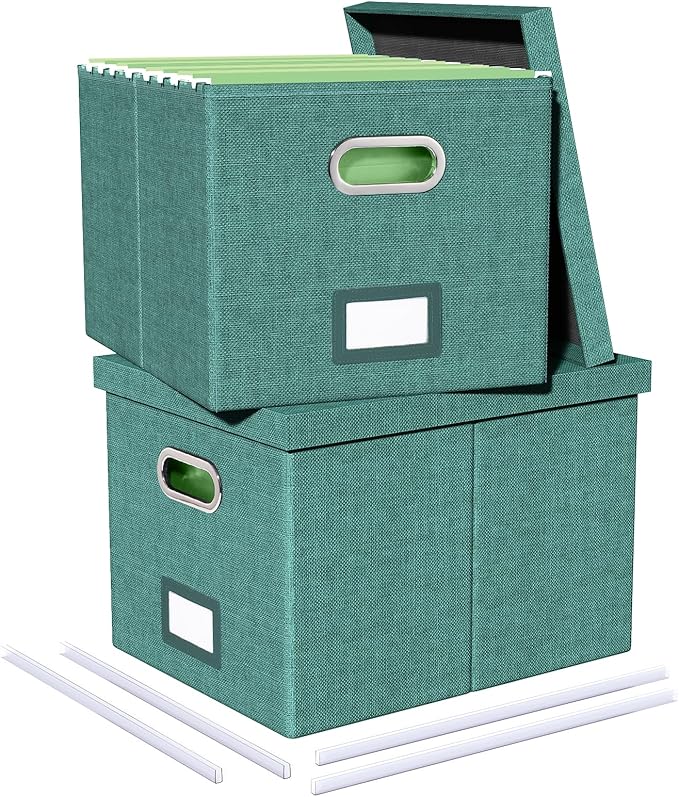 2 Pack File Storage Organizer, Document Organizer, Portable File Box with Lid, Fit for Letter/Legal File Folder Storage,Forest-green-Box only