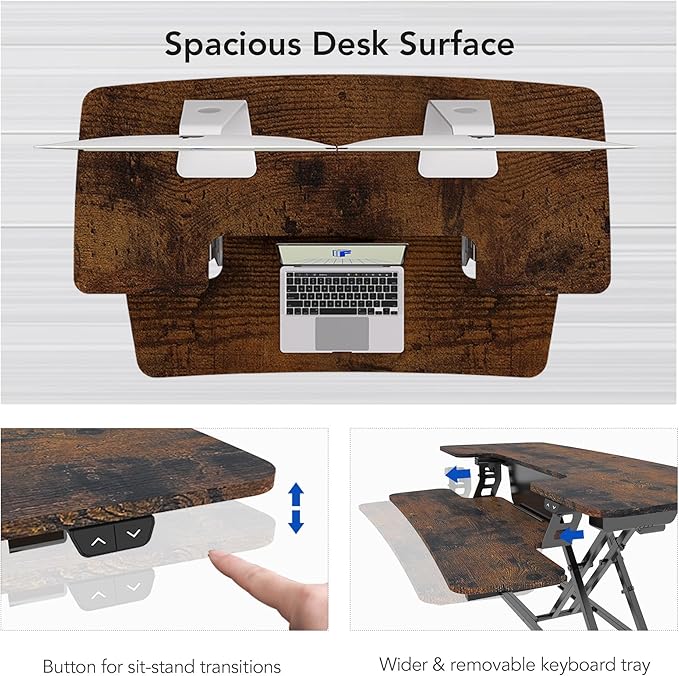 FLEXISPOT Electric Standing Desk Converter 40" Height Motorized Adjustable Stand up Desk Riser with Quick Release Keyboard Tray, Rustic Color