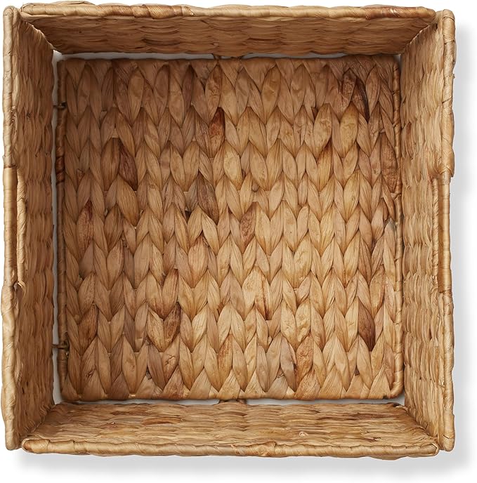 Casafield 12" x 12" Water Hyacinth Storage Baskets, Natural - Set of 4 Collapsible Cube Organizers, Woven Bins for Bathroom, Bedroom, Laundry, Pantry, Shelves