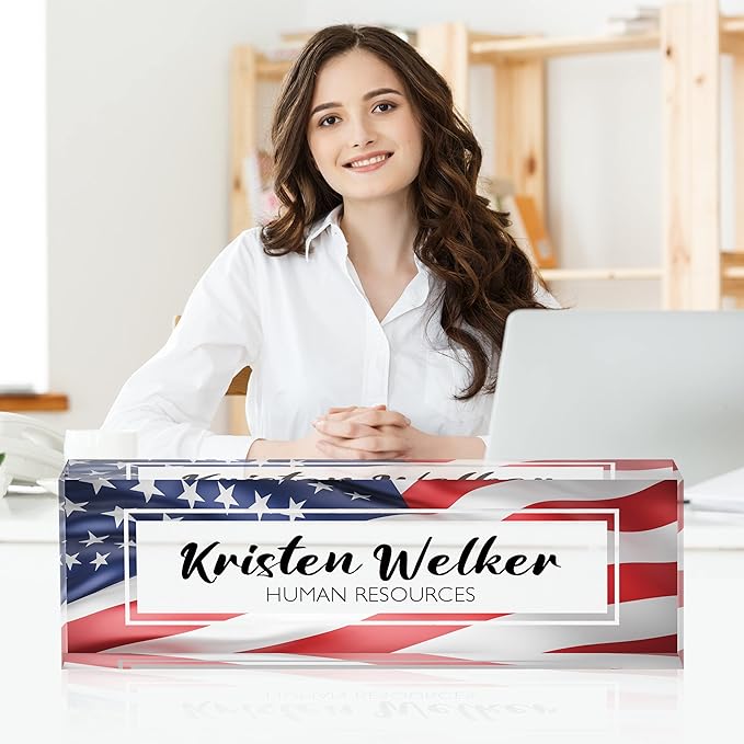 Desk Name Plate Personalized, Custom Name Plates for Desks, Premium Flag Acrylic Desk Name Plate, Office Desk Decor for Women or Men Coworkers, Boss, Employee, Teacher (Flag1)