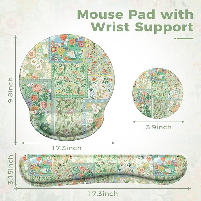 iLeadon Mouse Pad with Wrist Support, Wrist Pad for Keyboard, Ergonomic Mouse Pad Set for Office Home(Green Floral)