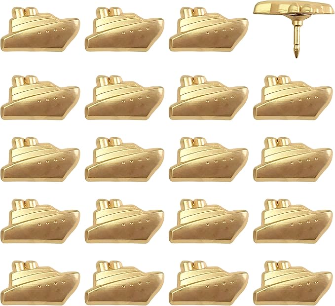Cruise Ship Push Pins - Gold Metal Cruise Ship Pins - for Cork Board, Maps, or Lapel Pin Use - Designed in USA - Set of 20