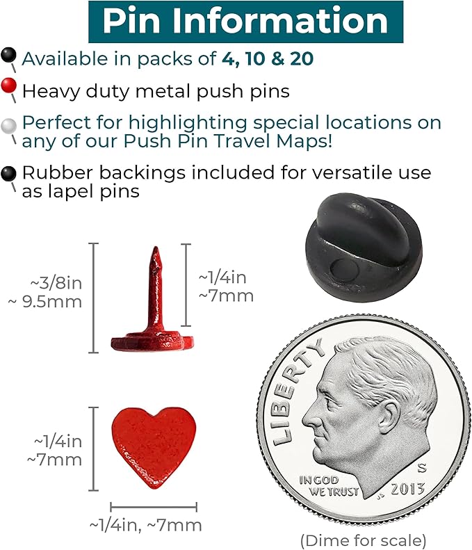 Mini Red Heart Push Pins - Mini Red Metal Heart Map Pins - for Cork Board, Maps, or Lapel Pin Use - Designed in USA - Set of 20