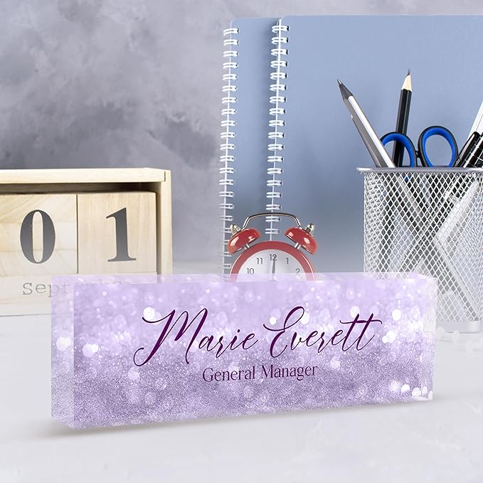 Custom Name Plate for Desk | Personalized Desk Name Plate | Personalized Boss Employee Appreciation Gifts | Acrylic Name Plate Office Desk Accessories (A-Purple Quartz)