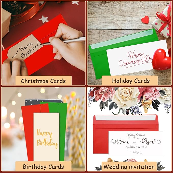 Outus 500 Pcs #10 Colored Envelopes Business Envelopes Adhesive Security Letter Size for Mailing Office Letter Check Invoices Letterhead Invitations Announcements 4-1/8 x 9-1/2''(Red, Green)